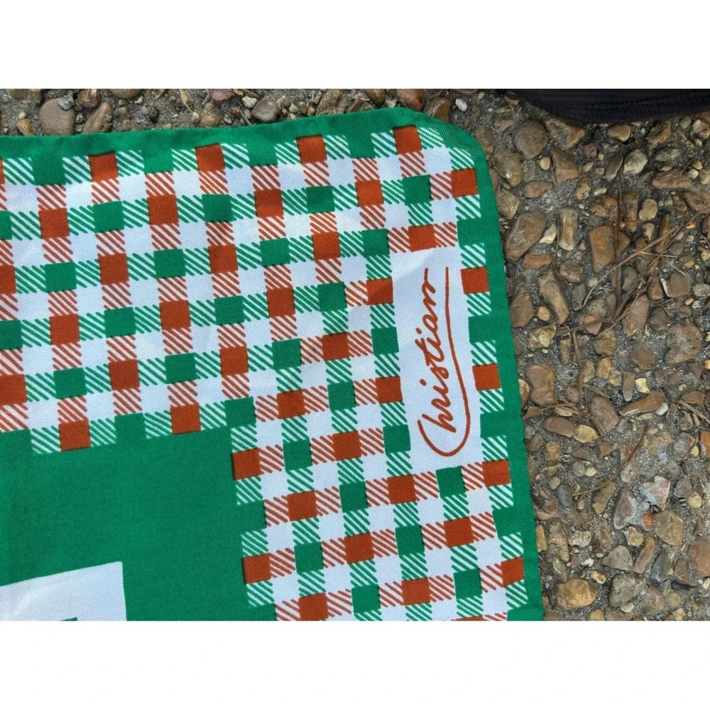 Christian Scarf Womens OS Green Gingham Check Vintage Square Neck Hair Wrap Good